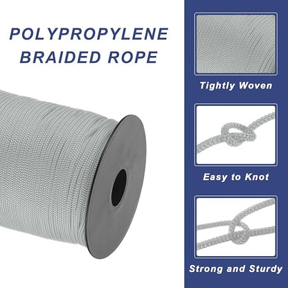 MECCANIXITY 1/8 Inch Polypropylene Rope Braided Ropes, 328ft Nylon Rope Hollow Utility Cord for Clothesline, Camping, Hiking, Outdoor, Light Grey