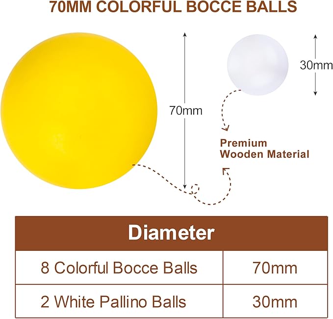 70mm Bocce Ball Set with 8 Bocce Balls, 2 Pallinos for Kids Outdoor Lawn, Backyard & Beach Games - Family-Friendly Wooden Bocce Ball Game Set for Kids, Teens, Beginners (2-8 Players)