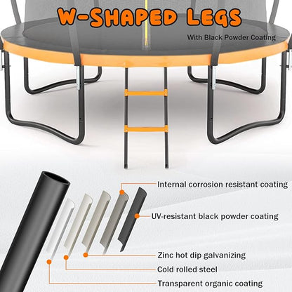 Trampoline 12FT 14FT 15FT 16FT for Kids/Adults - Outdoor Recreational with Enclosure Net Curved Poles and Ladder, Heavy Duty Anti-Rust Coating, ASTM Approval