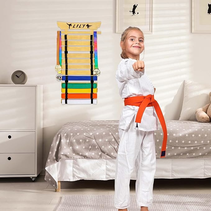 12 Belts Karate Belt Display Rack with Stickers, Martial Arts Belt Display Holder, Taekwondo Belt Jiu Jitsu Belt BJJ Belt Display Hanging Holder for Adults