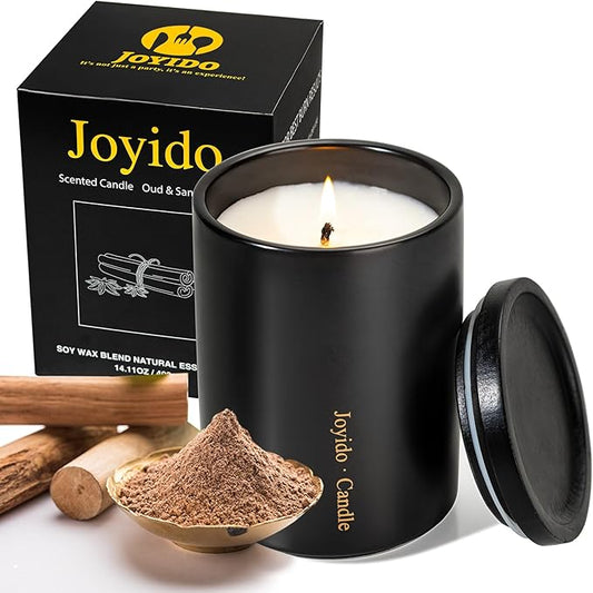 14OZ Oud & Sandalwood Scented Candle - Aromatherapy Candles with Lid - Soy Candles for Home Scented - Luxury Ceramic Jar Candles for Bedroom Kitchen Home Decor, Housewarming Party (Black)