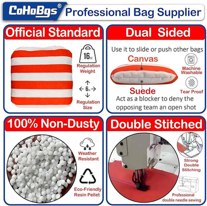 CoHoBgs Corn Hole Bags Set 8, Professional Cornhole Bags Dual-Sided Slick & Stick Resin Filled Suede and Duck Canvas Bean Bag for Cornhole Game Includes Carry Case