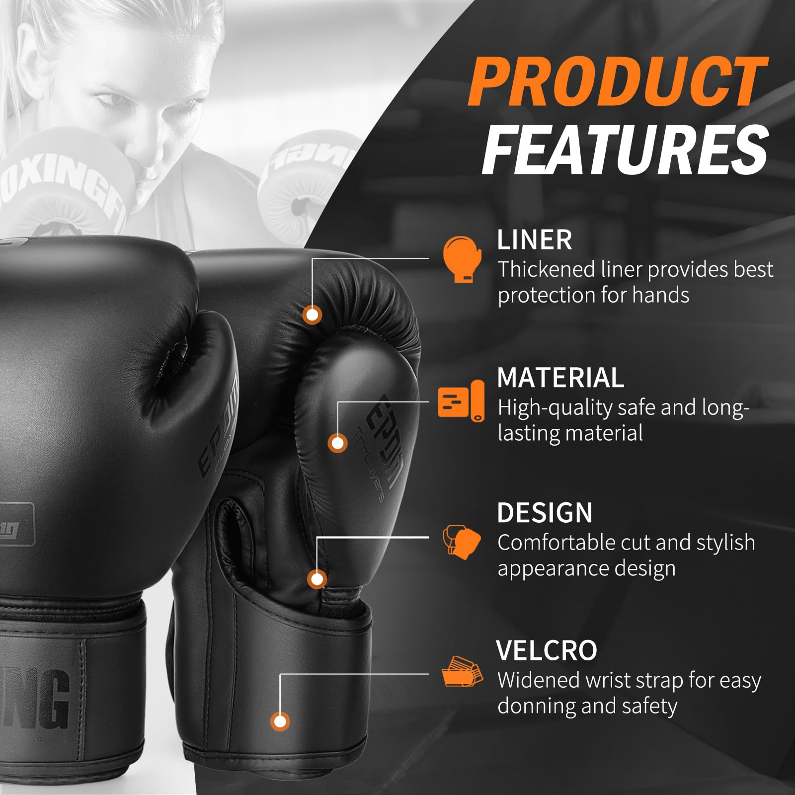 FIVING Boxing Gloves for Men and Women (Black, 10oz)