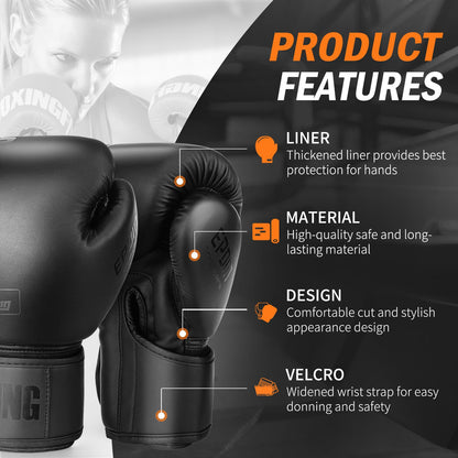 FIVING Boxing Gloves for Men and Women (Black, 10oz)