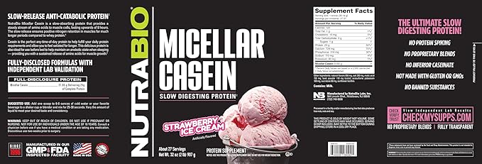 NutraBio Casein Protein Powder, Micellar Casien Powder, 25g Slow Digesting Protein, Helps Keep You Full, Overnight Muscle Recovery & Growth, BCAA & EAA, Gluten Free, Soy Free, 2lb Strawberry Ice Cream
