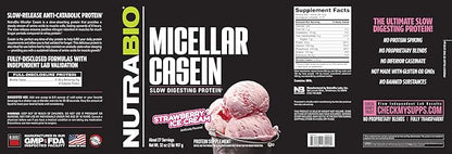 NutraBio Casein Protein Powder, Micellar Casien Powder, 25g Slow Digesting Protein, Helps Keep You Full, Overnight Muscle Recovery & Growth, BCAA & EAA, Gluten Free, Soy Free, 2lb Strawberry Ice Cream