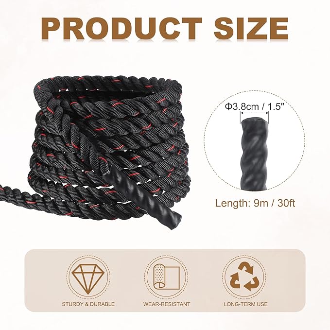 MECCANIXITY Battle Rope 30ft x 1.5 Inch Polyester Workout Rope Heavy Fitness Exercise Rope for Strength Training Home Gym Muscle Building, Black Red