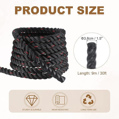 MECCANIXITY Battle Rope 30ft x 1.5 Inch Polyester Workout Rope Heavy Fitness Exercise Rope for Strength Training Home Gym Muscle Building, Black Red