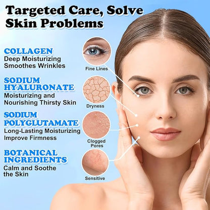 Collagen Face Mask with Hyaluronic Acid, Vitamin E Oil for Skin Care Hydrating, Moisturizing, Brightening & Anti Aging Face Masks Skincare for Oil, Dry, Acne, Sensitive All Skin Types 12PCS