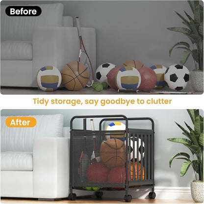 Ball Storage Bin Rolling Storage,Garage Sports Equipment Organizer,Outdoor Toy Box, Gym and Schools, Garage Organization,Can Store basketballs, Footballs and Sports Equipment.(Black)