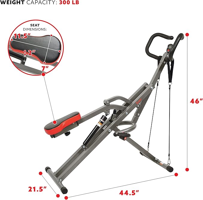 Sunny Health & Fitness Row-N-Ride PRO, Full Body Combo Squat Machine w/Optional Resistance Band, Easy Setup Ab Workout Exercise Equipment for Home, Whole Body Cardio, Optional SunnyFit App Connection