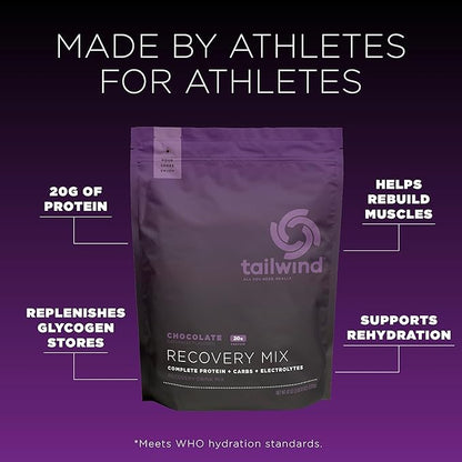 Tailwind Nutrition Recovery Mix, 20 Grams Complete Protein, Carbohydrates, and Electrolytes Powder Drink Mix for Post-Workout, Free of Gluten, Soy, and Dairy, Vegan, 20 Servings, Chocolate