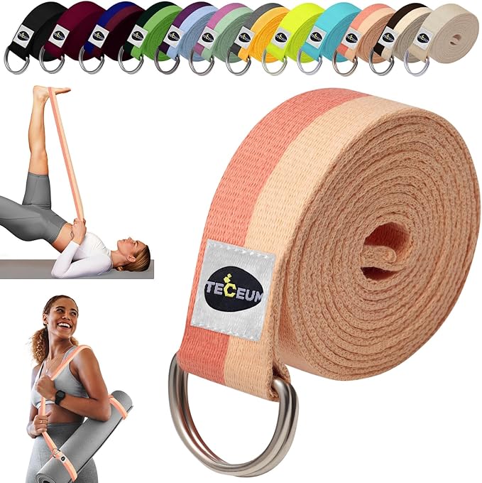 TECEUM Yoga Strap & Mat Strap – 2 IN 1 – Cotton – 6 ft 8 ft 10 ft (30+ colors) – Adjustable Non-Slip Belt for Yoga, Pilates, Stretching, Physical Therapy, Fitness & Home Workout – For Carrying Mats
