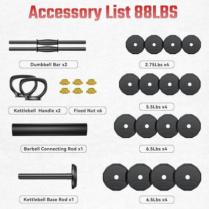 FEIERDUN Adjustable Dumbbells, 40/48/68/88lbs Free Weight Set with 4 Modes, Used as Barbell, Kettlebells, Push up Stand, Fitness Exercises for Home Gym Suitable Men/Women