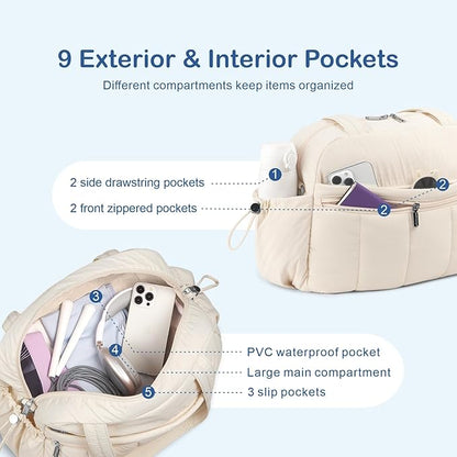 TOPDesign Travel Duffel Bag for Women, Puffer Gym Bag Sports Tote with Wet Pocket, Carry On Weekender with Luggage Sleeve (Beige)