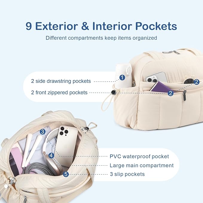 TOPDesign Travel Duffel Bag for Women, Puffer Gym Bag Sports Tote with Wet Pocket, Carry On Weekender with Luggage Sleeve (Peony)