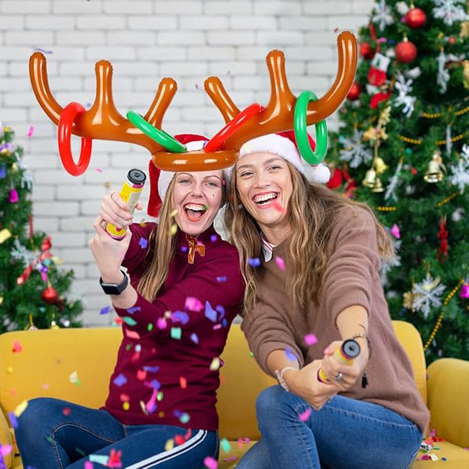 4 Pack Inflatable Reindeer Antler Ring Toss Game (4 Antlers 16 Rings) Reindeer Antler Hat Ring Toss for Xmas Party 2023 Great Christmas Games for Families