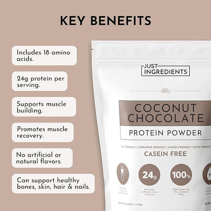JUST INGREDIENTS Coconut Chocolate Protein Powder ??30-Serving Blend with 100% Grass-Fed Whey & Organic Plant Proteins ??Creamy Coconut Cocoa Flavor ??Supports Muscle Recovery, Energy*