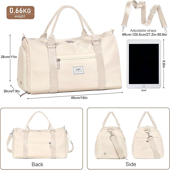 FIORETTO Womens Gym Tote Duffle Bag with Wet Pocket & Shoe Compartment, Sports Duffel Overnight Weekender Hospital Workout Carry on Bag for Girls, Ideal for Travel, Swimming, Dance, Ballet Beige