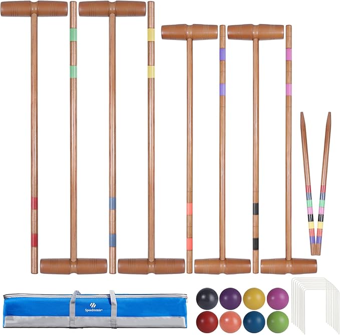 Brown Croquet Set for Adults - 8 Players Croquette Kit with 35In Deluxe, 32In Regulation Size Rubber Wood Mallets, Colored PE Ball, Wickets, End Stakes, Lawn Backyard Game for Families