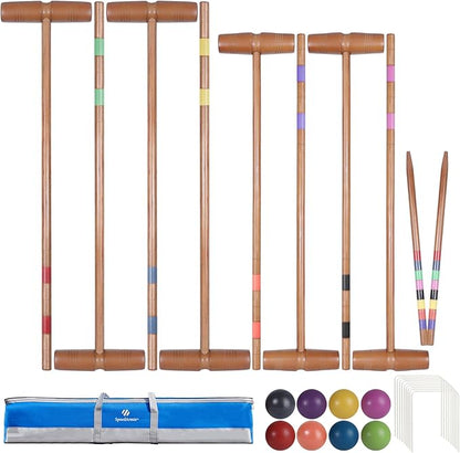 Brown Croquet Set for Adults - 8 Players Croquette Kit with 35In Deluxe, 32In Regulation Size Rubber Wood Mallets, Colored PE Ball, Wickets, End Stakes, Lawn Backyard Game for Families