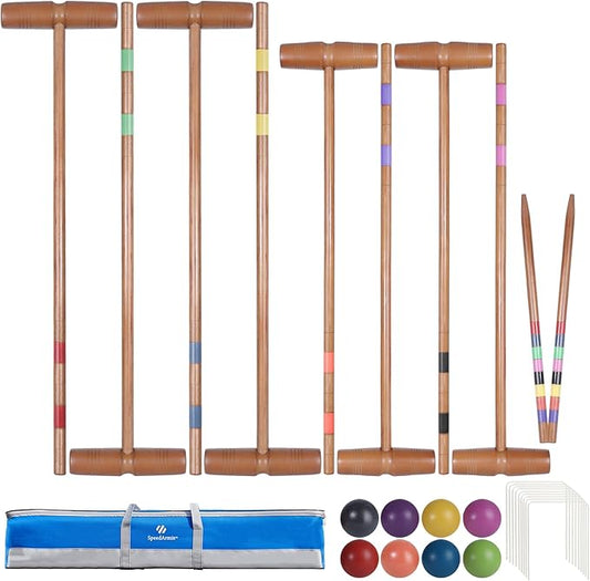 Brown Croquet Set for Adults - 8 Players Croquette Kit with 35In Deluxe, 32In Regulation Size Rubber Wood Mallets, Colored PE Ball, Wickets, End Stakes, Lawn Backyard Game for Families
