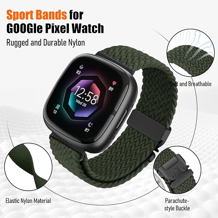 Braided Stretchy Band for Fitbit Versa 4/Versa 3/Sense 2/Sense Watch Band Women Men,Parachute-style Buckle Nylon Sport Wristband Soft Fabric Elastic Loop Strap Accessories for Versa 4/3
