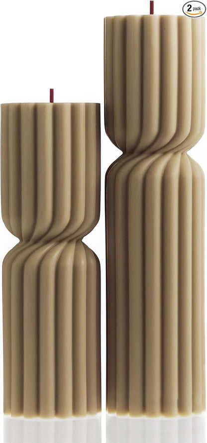 LAWA Spiral Spire Candle - Large Beautiful Handmade Pillar Scented Soy Wax Elegant Bubble Aesthetic Candle Housewarming Gift Home Room Shelf Decor Idea White (Set of 2, Olive Beige)