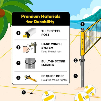 A11N Outdoor Volleyball and Badminton Combo Set - Includes Adjustable Height Anti-Sag Net, Volleyball, Air Pump, 4 Badminton Rackets, 2 Shuttlecocks, Boundary Line Marker, and Carrying Bag