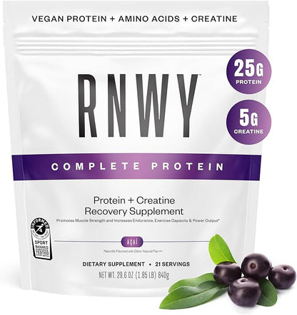 RNWY 25g Acai Protein + 5g Creatine Powder, Vegan Plant-Based Protein with Digestive Enzymes to Build & Recover, 21 Servings