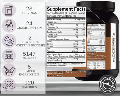 Stellar Labs Whey Protein Powder with BCAA's & Whey Isolate | Certified Low FODMAP, Non GMO, Gluten Free, Low Carb, Keto, with Stevia | All Natural Lean Post Workout Shakes | Chocolate