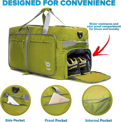 Bago Big XXL Foldable Duffel Bags for Traveling Women & Men - 140L Packable Duffle Bag for Travel with Shoe Compartment - Water Repellant, Heavy Duty, Lightweight Folding & Collapsible (Green)