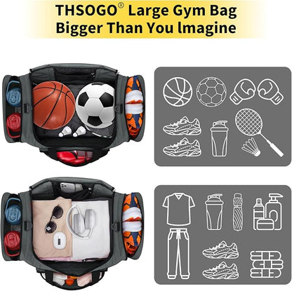 22 inch Gym Bag for Men - 55L Large Travel Duffle Bag Sports Equipment Bag with Multiple Zippered Pockets,Outdoor Workout Duffle Bag for Overnight Weekend - Dark Grey