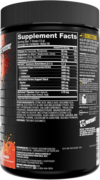 Mutant Hardcore BCAA - Pre, Intra or Post Workout ??BCAA Next Level branched-Chain Amino Acids Supplement ??Hydration + Recovery - 30 Serving - Mango