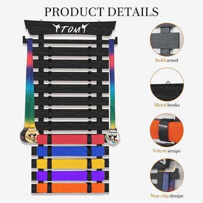 12 Belts Karate Belt Display Rack with Stickers, Martial Arts Belt Display Holder, Taekwondo Belt Display, Jiu Jitsu BJJ Belt Display Hanging Holder for Kids and Adults Gifts