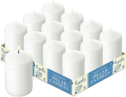 HYOOLA White Pillar Candles 2x4 Inch - 12 Pack Unscented Bulk Pillar Candles - European Made