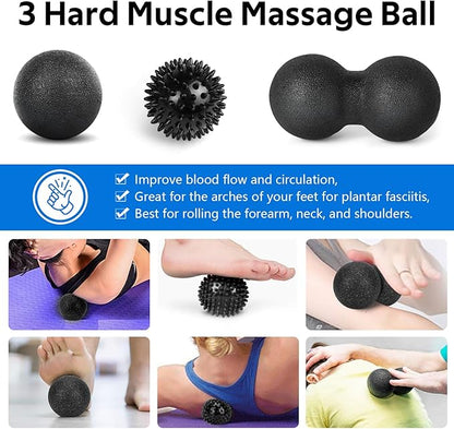 7 in1 Foam Roller Set for Deep Tissue Muscle Massager - High Density Back Roller, Muscle Roller Stick, Resistance Bands, Foot Massage Ball, Stretching Strap for Exercise, Whole Body Physical Therapy
