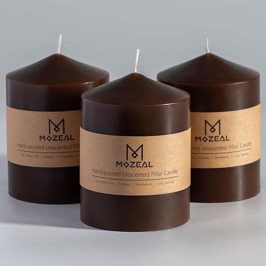 MOZEAL 3" x 4" Hand-Poured Unscented Brown Pillar Candles,Dripless Candles Set of 3,Smokeless,Clean Burning,Approx 60 Hours Burn Time,Wedding,Dinner,Christmas and Home Decor（3 Inch Width Series）