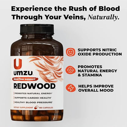 UMZU Redwood Nitric Oxide Booster, 3-Month Supply ??Nitric Oxide Supplement with Vitamin C, Garlic & Horse Chestnut ??Supports Healthy Circulation, Blood Flow, Energy, Stamina and Daily Vitality