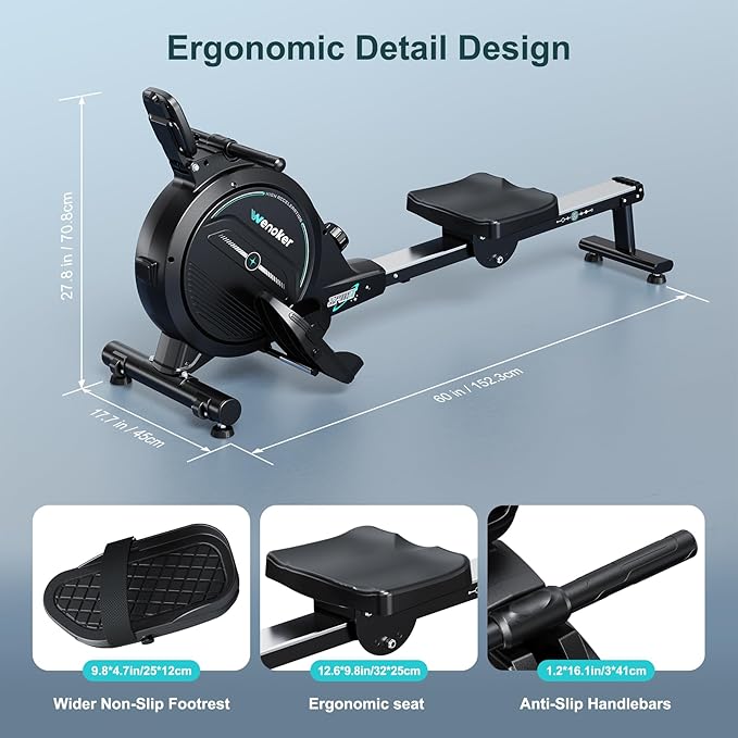 Rowing Machine,Wenoker Magnetic Rower Machine for Home,App Supported 350 LB Weight Capacity, Smooth Whisper Quiet with LCD Monitor Tablet Holder & Comfortable Seat Cushion, Compact and Saves Space