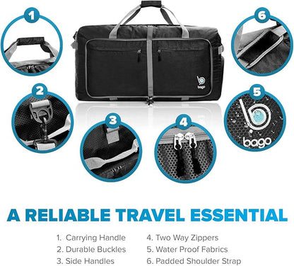 Bago Large Foldable Duffel Bags for Traveling Women & Men - 100L Packable Duffle Bag for Travel with Shoe Compartment - Water Repellant, Heavy Duty, Lightweight Folding & Collapsible (Black)