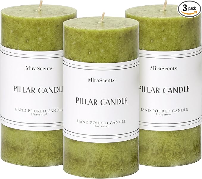 3x6 inch Green Pillar Candles Set of 3, Unscented Pillar Candle, Dripless and Smokeless Large Candles, Candle for Home Decor, Dinner Table,Weddings, Holidays
