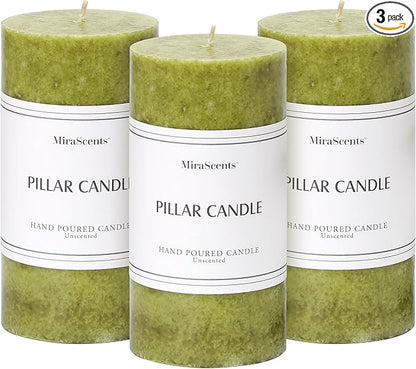 3x6 inch Green Pillar Candles Set of 3, Unscented Pillar Candle, Dripless and Smokeless Large Candles, Candle for Home Decor, Dinner Table,Weddings, Holidays
