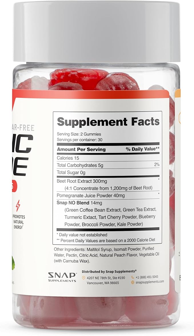 Snap Supplements Beet Root Gummies, Nitric Oxide Supplement with Organic Beets, Vitamins, Pomegranate and Antioxidants for Energy, Circulation Support, 60 Sugar Free Gummies, Peach