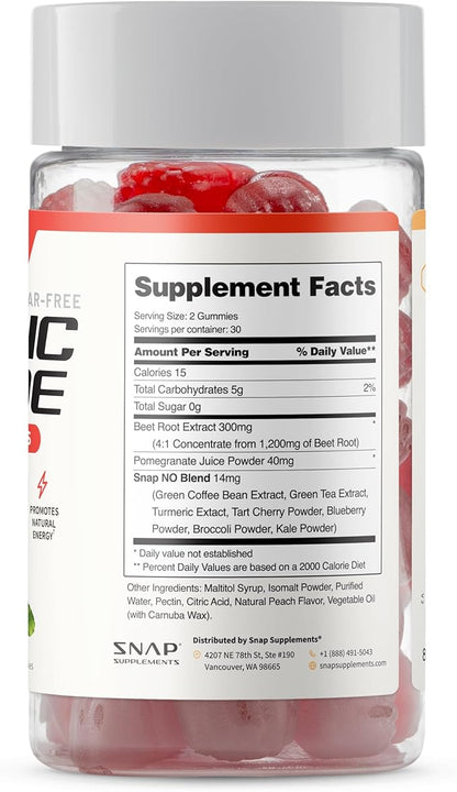 Snap Supplements Beet Root Gummies, Nitric Oxide Supplement with Organic Beets, Vitamins, Pomegranate and Antioxidants for Energy, Circulation Support, 60 Sugar Free Gummies, Peach