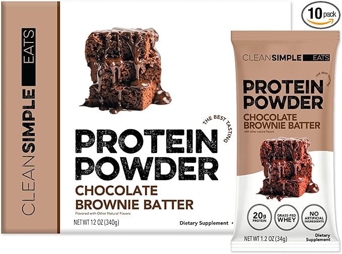 Clean Simple Eats Whey Protein Powder, Chocolate Brownie Batter Flavor, Naturally Sweetened, 100% Grass Fed Protein Powder, Digestive Enzymes & No Artificial Ingredients, Gluten Free, 10 Stick Packs