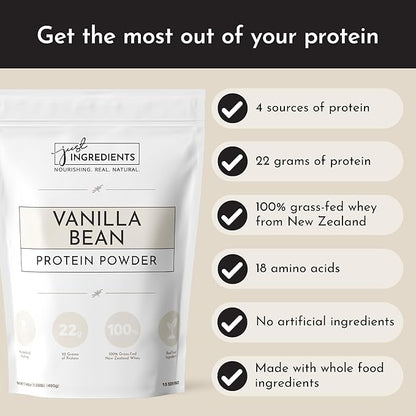 JUST INGREDIENTS Protein Powder | Vanilla Protein Powder Made with 100% Grass Fed, Non Denatured Whey | Four Different Protein Sources from Organic Whole Food Ingredients | 15 Servings | 22g Protein