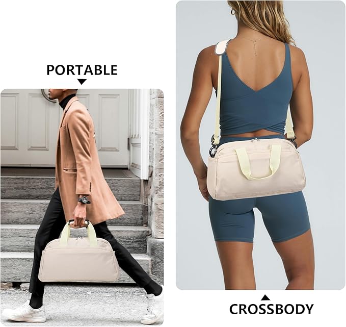 14 inch Small Gym Bag for Women & Men, Mini Duffel Bag for Travel Sports Lightweight Carry On Bag (Beige)