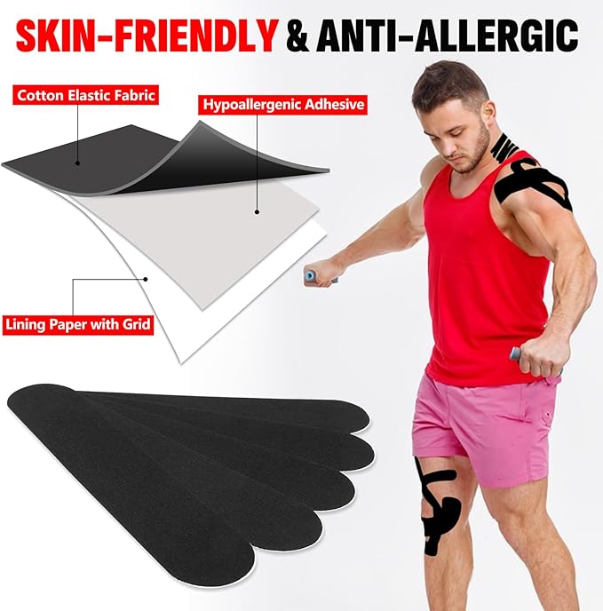 60PCS Precut Kinesiology Tape Strips, 2 inch x 10 inch Athletic Tape, Kinetic Tape, Elastic Muscle Tape, Sports Tape, Knee Tape for Exercise and Daily Use - Black