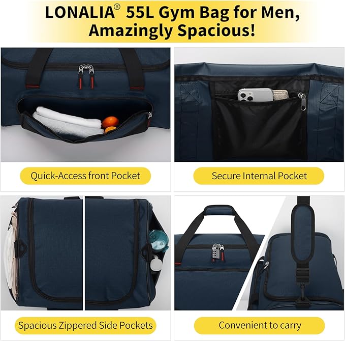55L Large Sports Duffle Bag for Men - 22 inch Men's Gym Bag Heavy Duty Duffel Bag (Navy Blue)